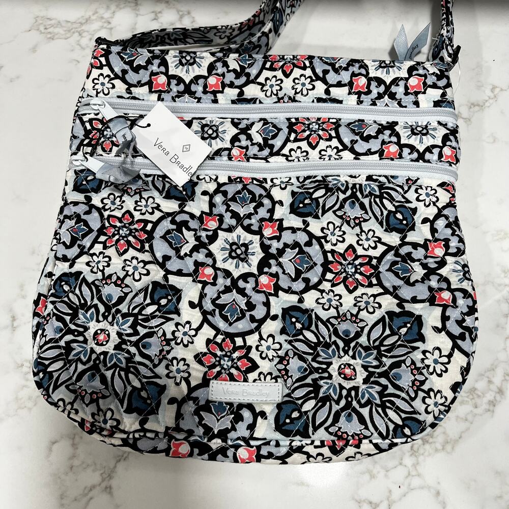 New Vera Bradley Trio Zip Hipster Crossbody Back Black White Floral Zip Pockets
